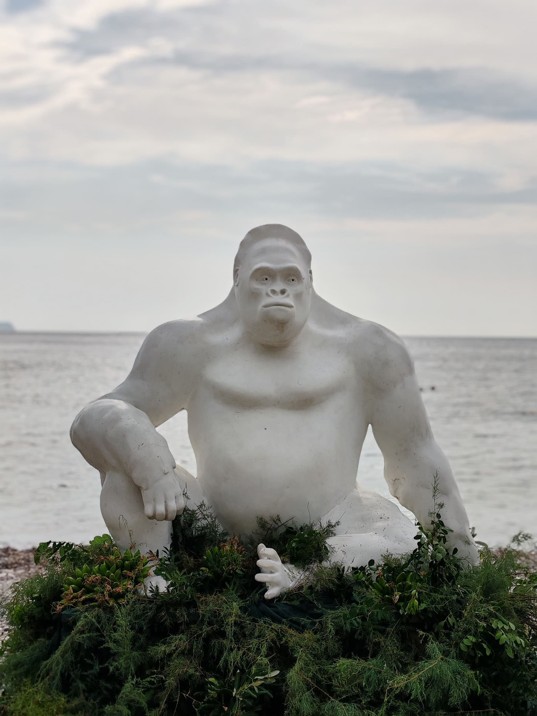 White gorilla sculpture installed beside the sea